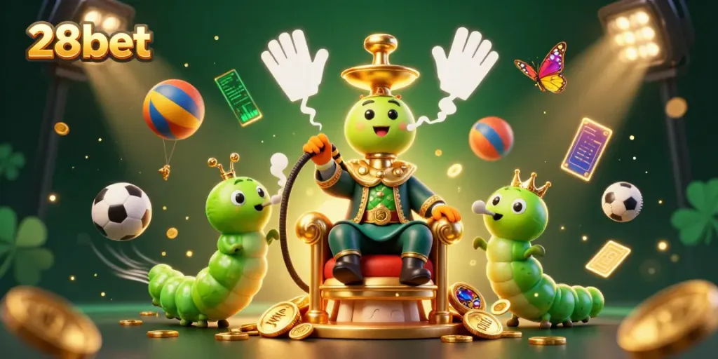 Experience thrilling moments at 28bet with colorful sports betting elements and a captivating hookah-master character.
