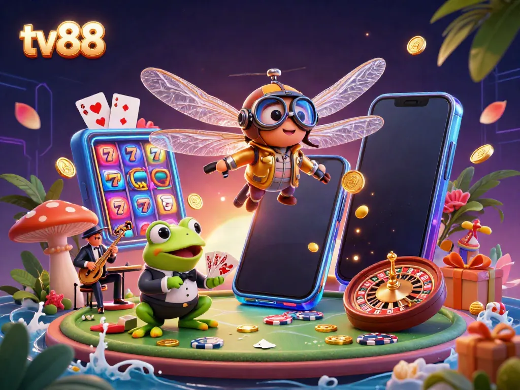 Experience thrilling action at tv88 casino with a dragonfly pilot and frog croupier in a vibrant gaming scene.