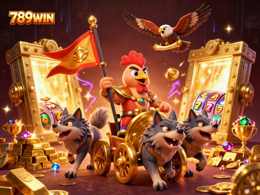 Join the action with 789WIN as the rooster warlord leads a thrilling casino adventure in a golden treasure scene.