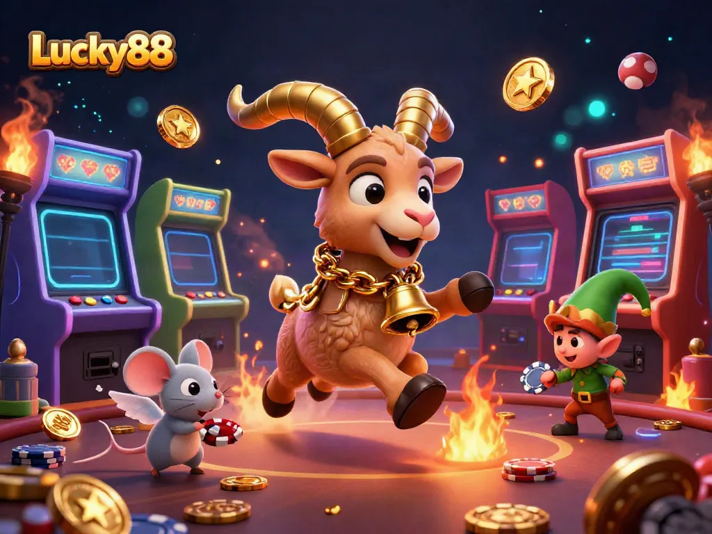 Experience the excitement of Lucky88's dynamic casino with gremlins stealing chips in a detailed illustration.