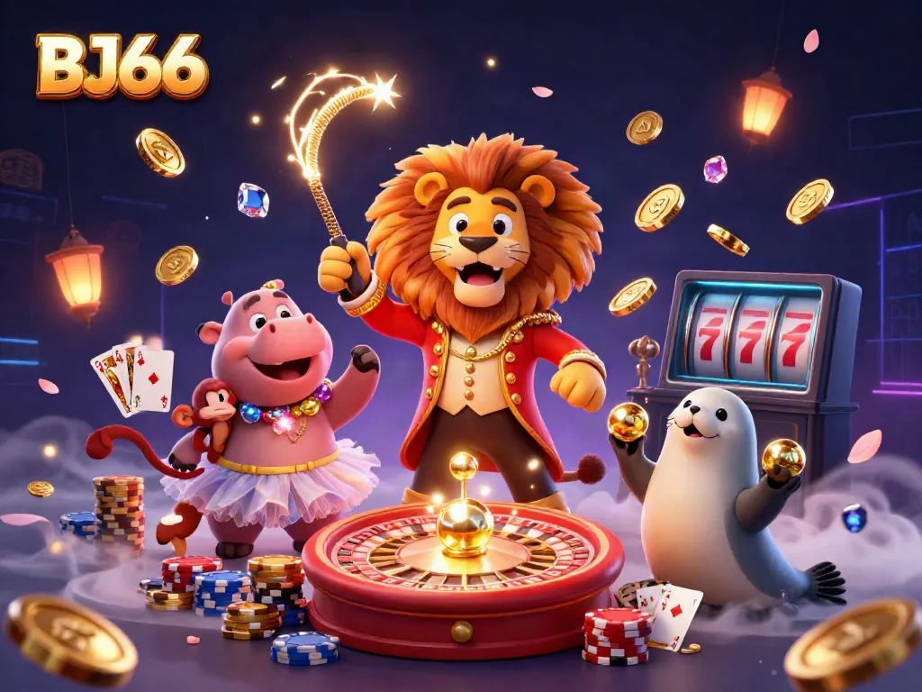Experience the vibrant world of BJ66 with engaging casino characters and glittering rewards in a dynamic scene.
