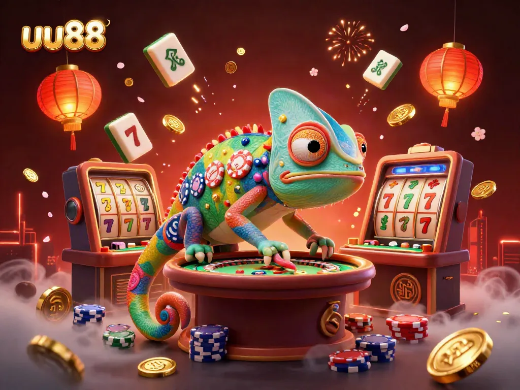 Experience thrilling wins with uu88's vibrant casino characters and game elements in an illustrated scene.