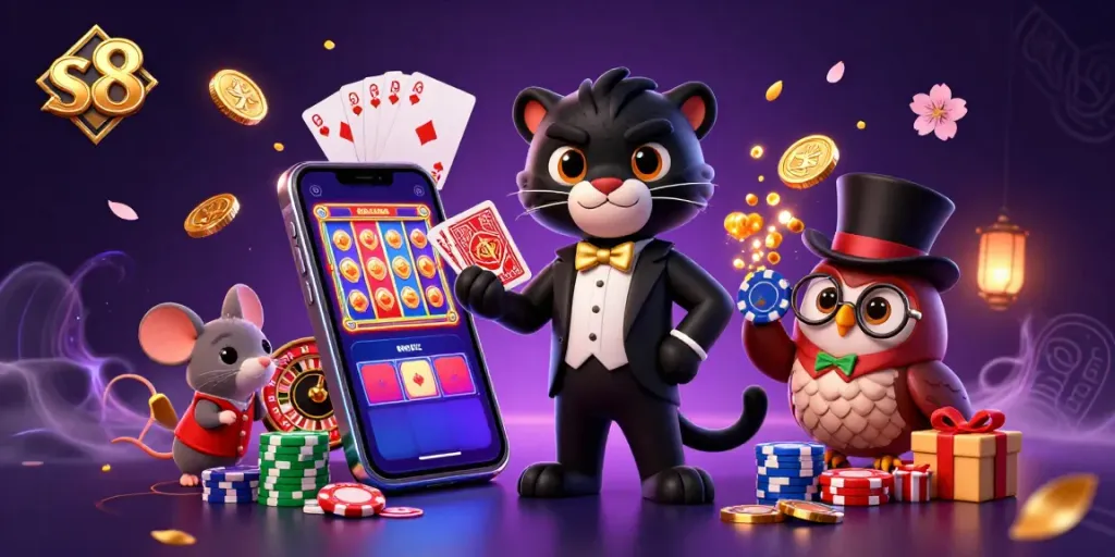 Experience the excitement of s8 gambling, with a stylish black panther dealer, an owl with poker chips, and a lucky mouse surrounded by vibrant casino games.
