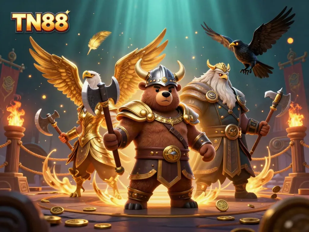 Experience the thrill of TN88 Casino with a Viking berserker and Valkyrie eagle amidst a lively betting arena.