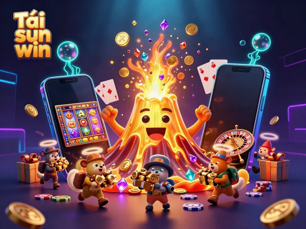Experience the thrill of Tải sun win with a vibrant illustration featuring a gold volcano erupting coins and treasures amidst dynamic casino elements.