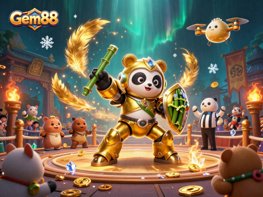 Gem88 features a mech-suit panda in a vibrant casino arena with golden tokens.