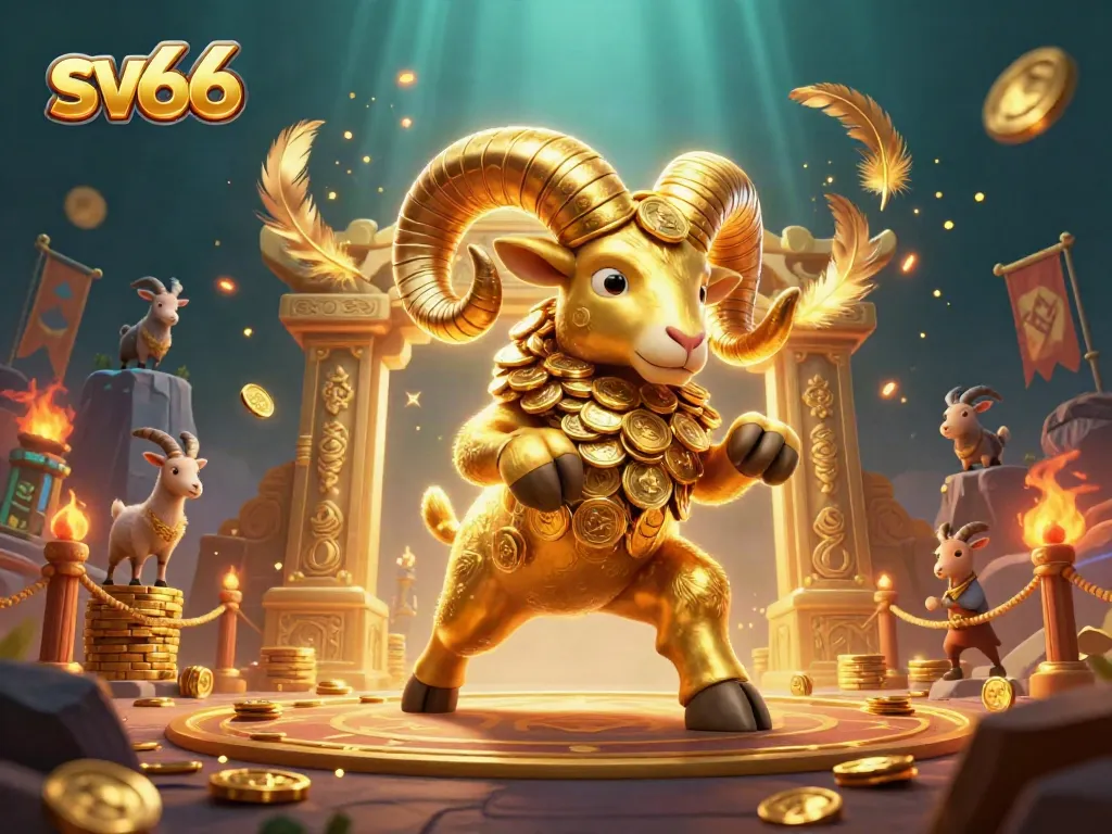 Engage in thrilling casino action with the sv66 brand featuring a golden ram and dynamic gambling elements.