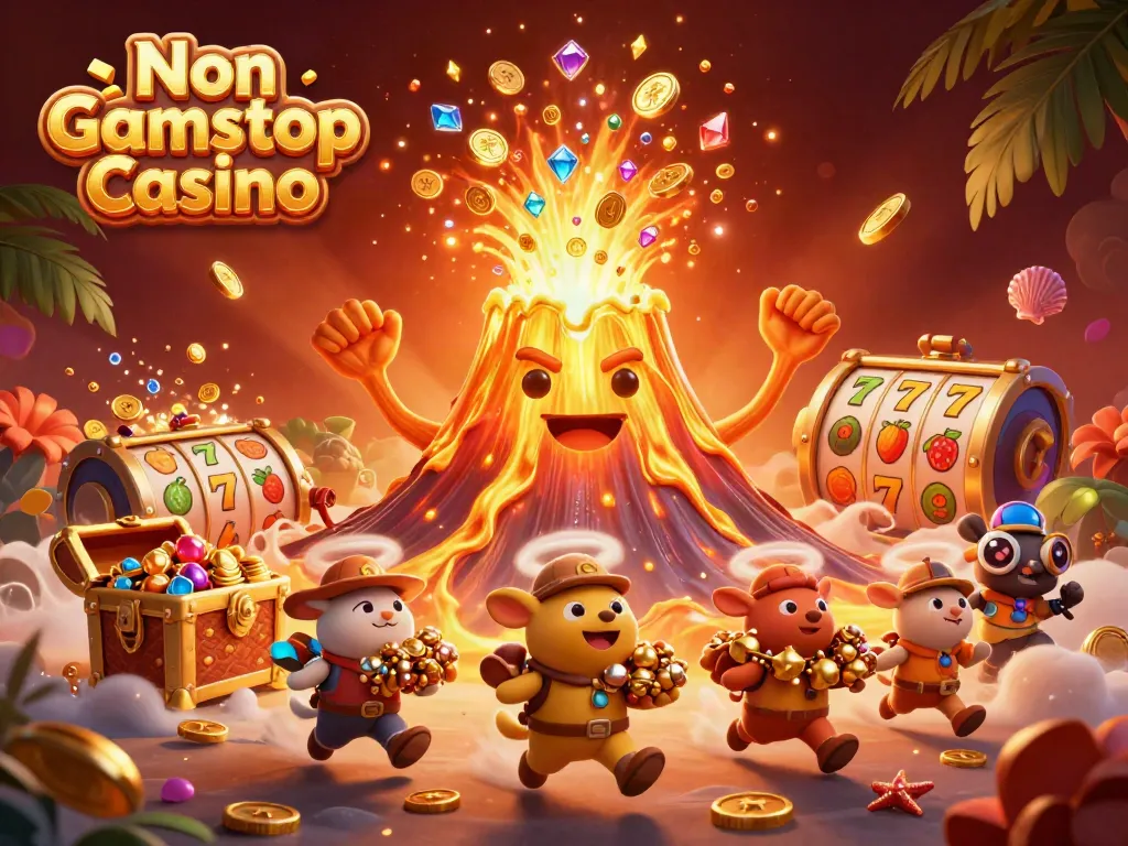 Experience the thrill of Non Gamstop Casino with treasures and slots in this vibrant 3D scene.