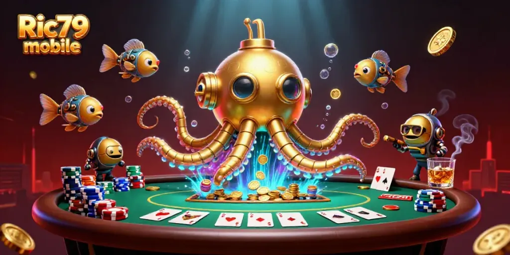 Engage with Ric79 mobile's exciting casino environment featuring poker elements and a golden kraken submarine.