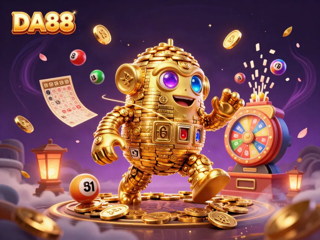 Experience the excitement of DA88 with a vibrant golden golem and dynamic casino elements.