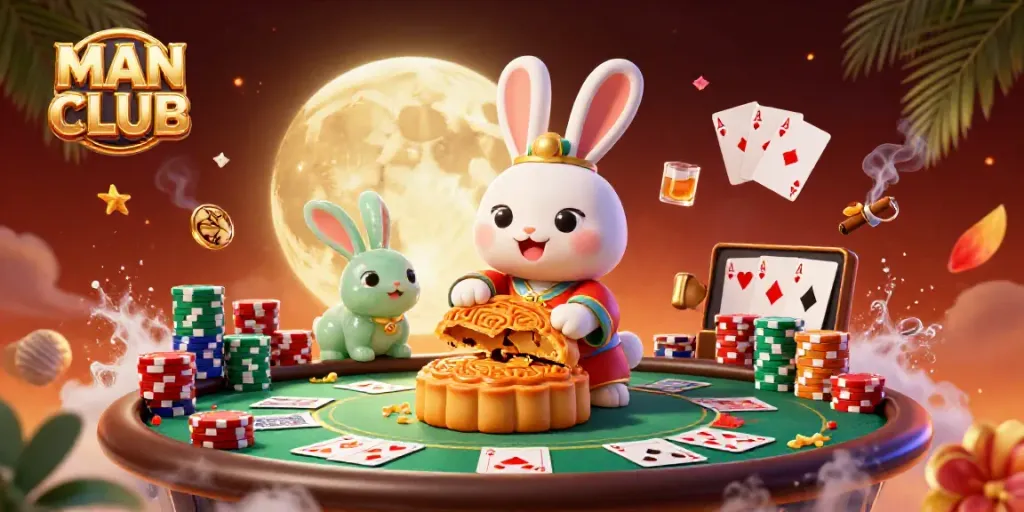 Experience thrill with MAN CLUB's dynamic moon-themed poker scene featuring vibrant poker elements
