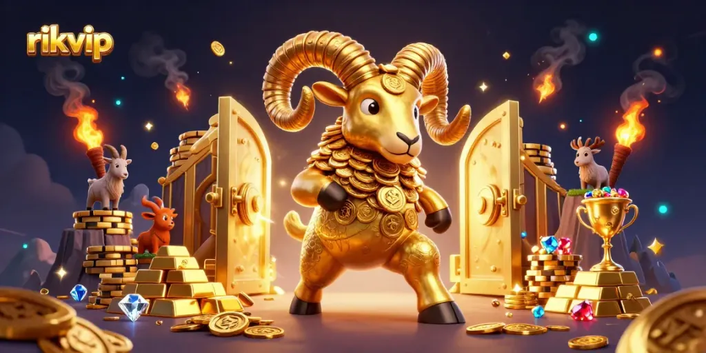 Experience vibrant gameplay at rikvip with a massive golden ram charging through a treasure-filled scene.