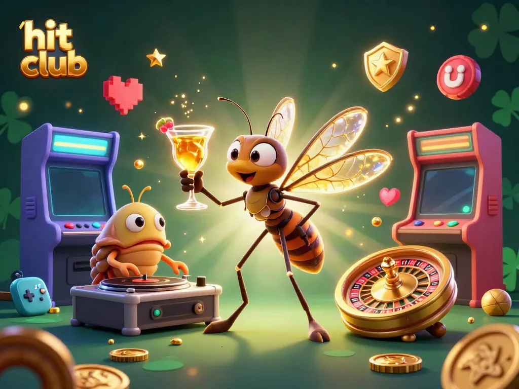 Experience thrilling play at hit club with a dynamic illustration featuring casino elements and characters.