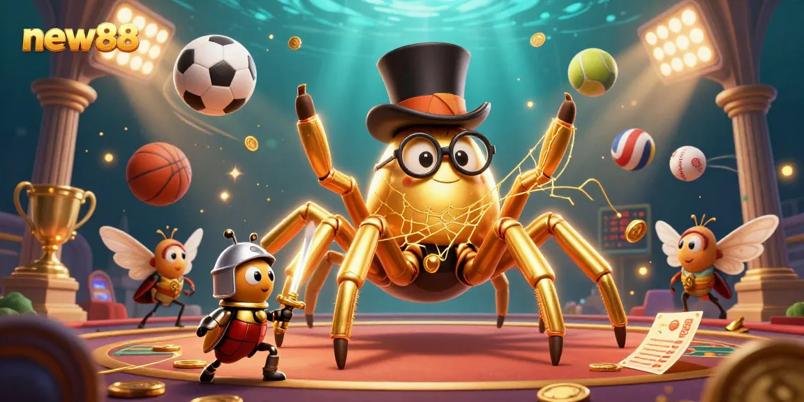 Experience new88's captivating casino world with a golden tarantula and beetle knight in action.