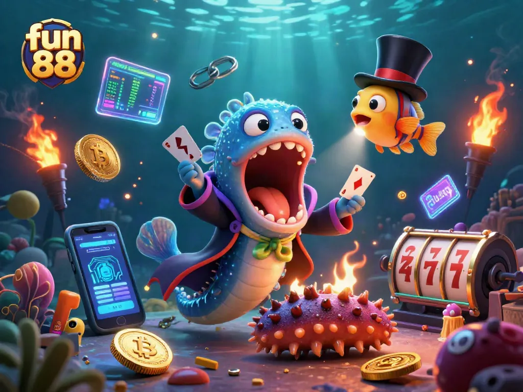 Engage with fun 88’s online magic show featuring dazzling deep-sea creatures amidst vibrant casino elements.