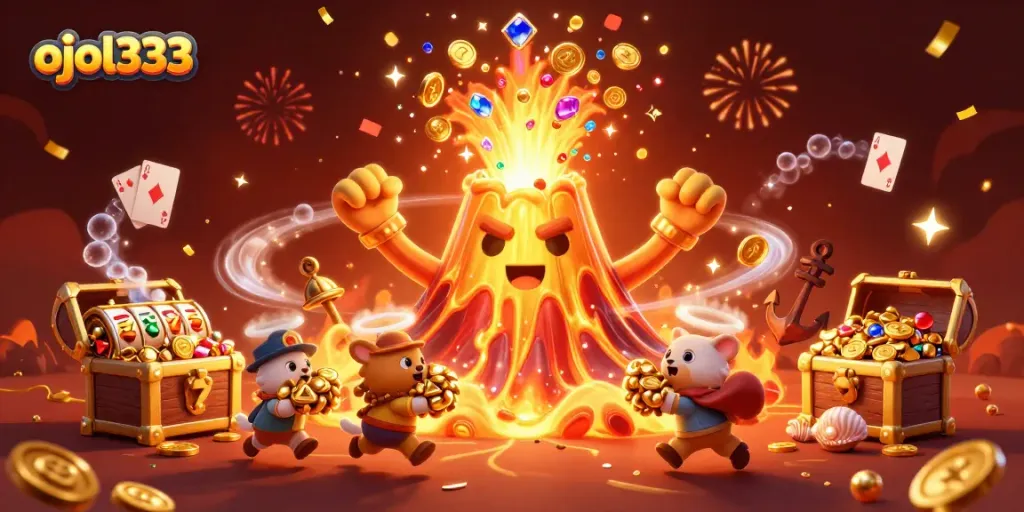Experience exciting wins with ojol333's vibrant casino scene featuring a golden volcano.