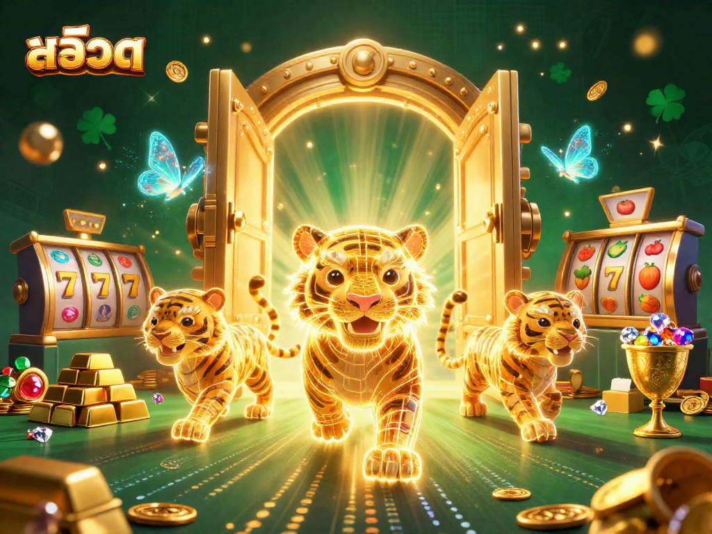 Engage in thrilling สล็อต gameplay with vibrant 3D casino art featuring golden treasures, slot reels, and a mystical tiger.