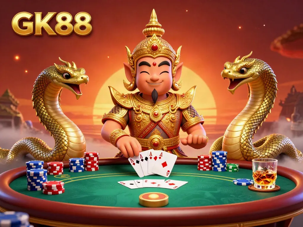 Play cards at GK88 with exotic guardians, poker chips, and four aces in a vibrant casino.