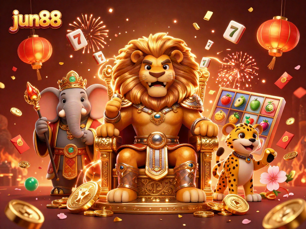 Experience the thrill of jun88 with a dynamic scene of fortune featuring a lion king, elephant advisor, and cheetah messenger.