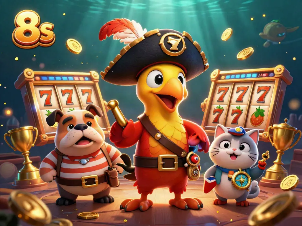 Engage in thrilling gaming at 8s with captivating slot reels, golden coins, and charismatic characters.