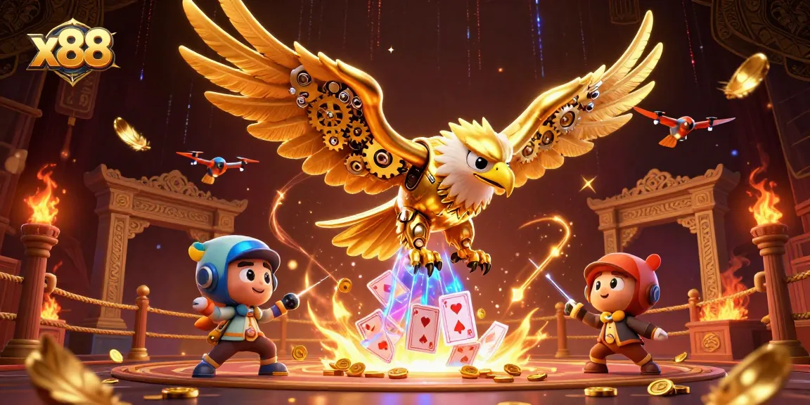 X88 players enjoying thrilling holographic card games with a golden eagle and dynamic elements