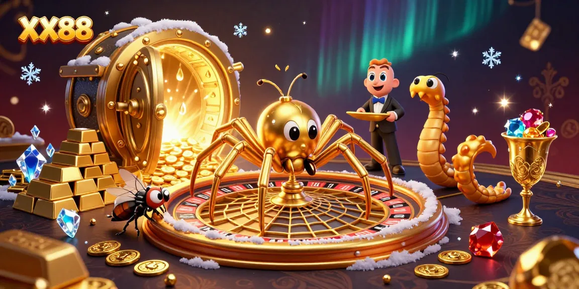 Place bets at XX88 with exciting spider-themed casino illustration full of treasures.