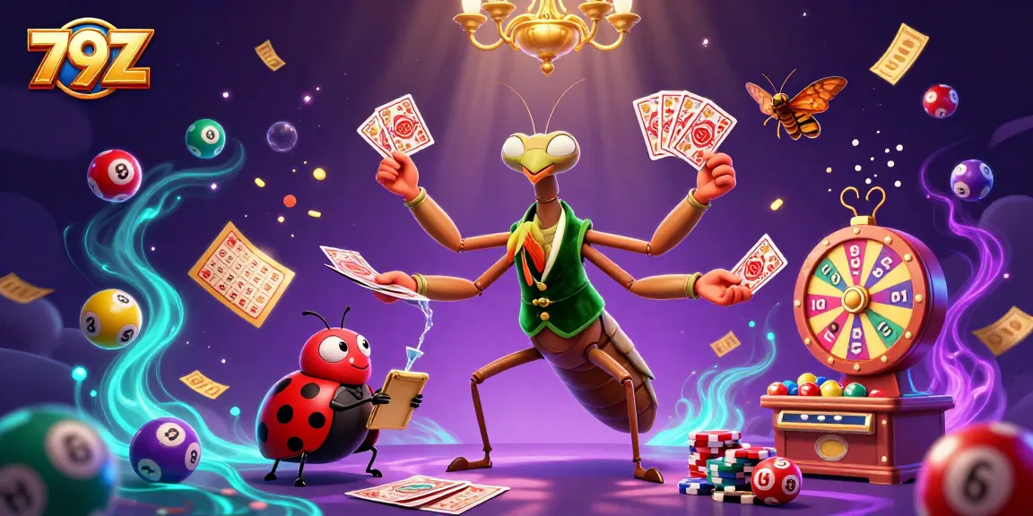79Z players winning with a vibrant gambling scene featuring a giant mantis and ladybug pit boss.