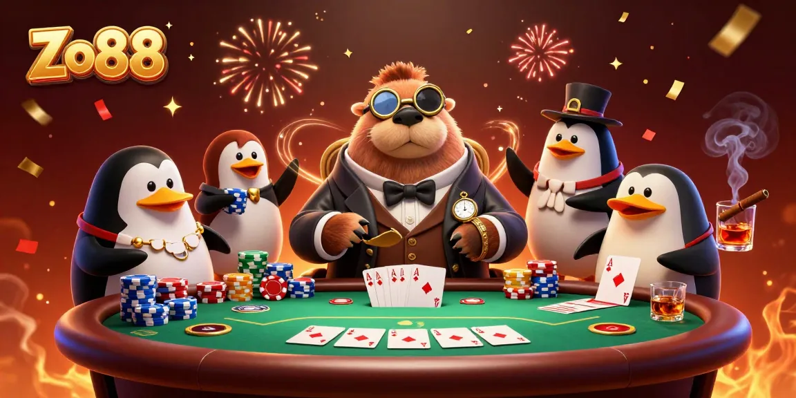 Experience Zo88's thrilling underwater poker action with charming characters in a vibrant casino setting.