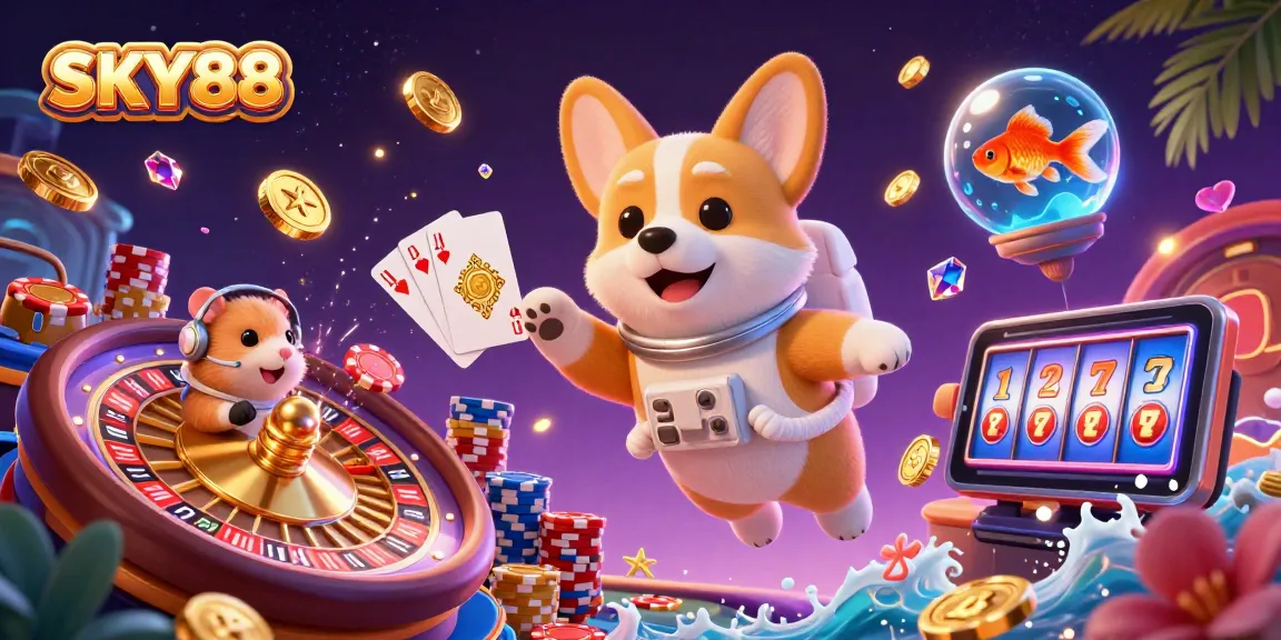 Experience the excitement of SKY88 with a dynamic 3D illustration of a corgi in a casino space, featuring poker chips and golden coins.