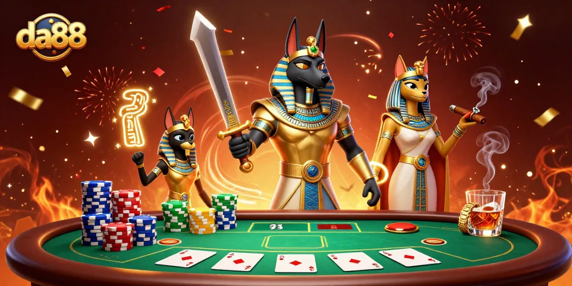 Engage in thrilling poker action with da88 as Anubis and Bastet celebrate victories.