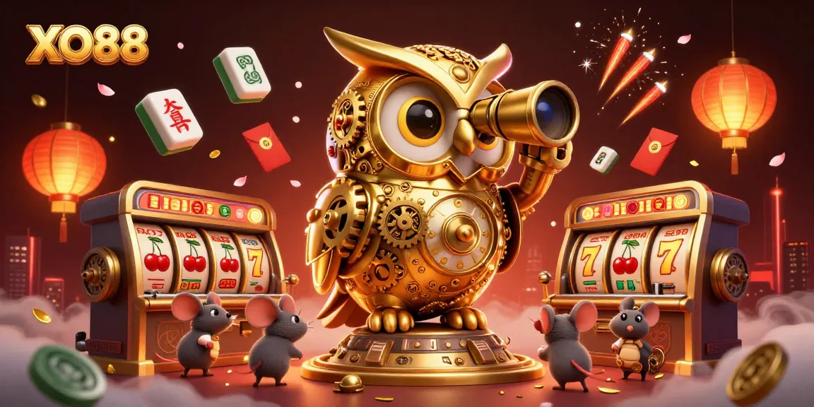 XO88 grants a glimpse into an animated casino scene with an owl, slot machines, and festive elements.