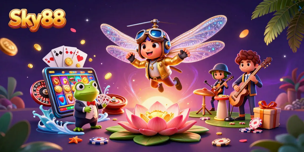 Sky88 game scene with dragonfly pilot, frog croupier, and dynamic casino elements