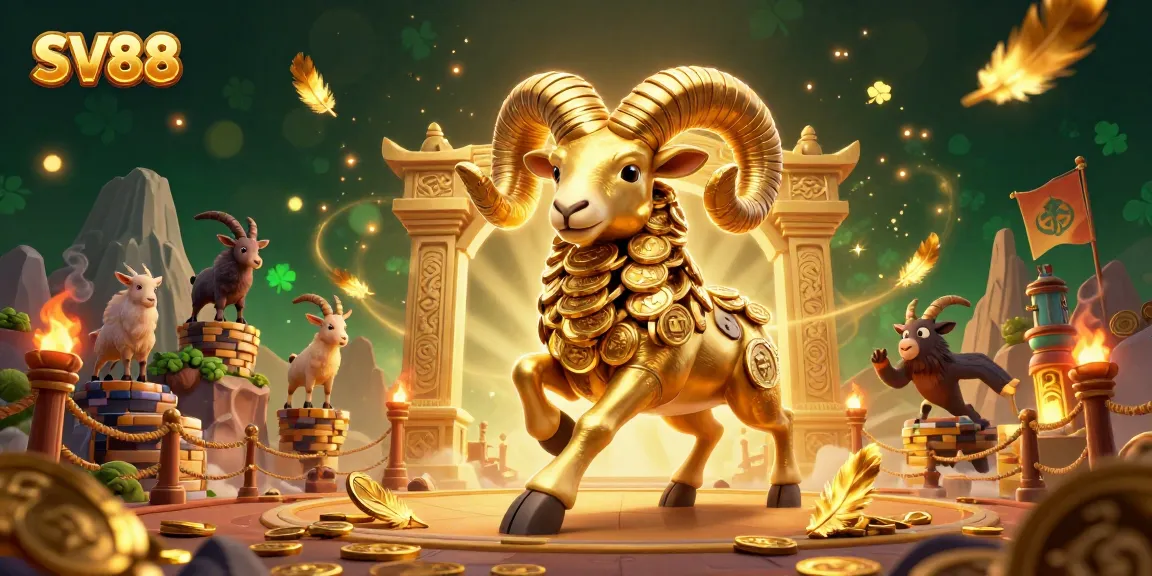 Engage with SV88's thrilling casino experience, featuring a golden ram charging through a stunning gambling arena.
