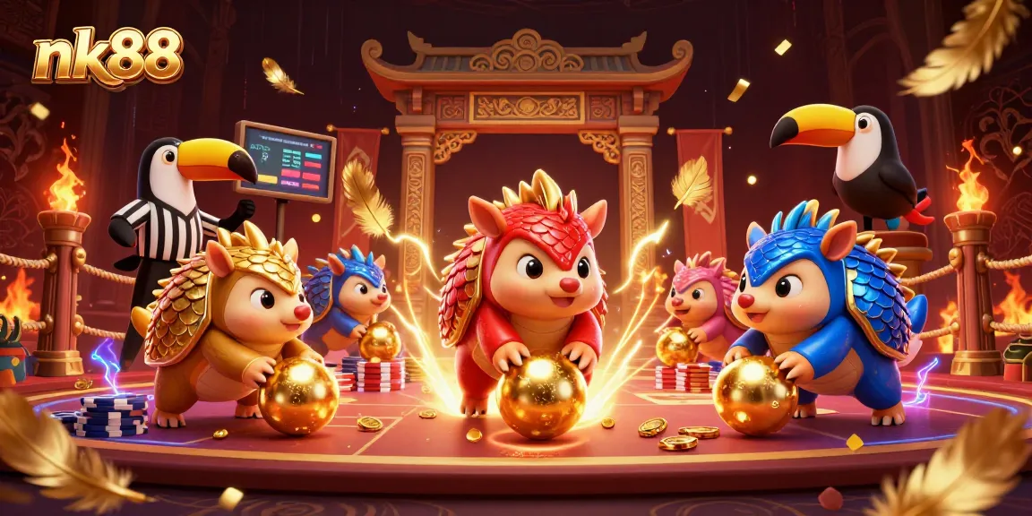 nk88 pangolins compete in a colorful casino showdown with poker chips and dynamic game elements.