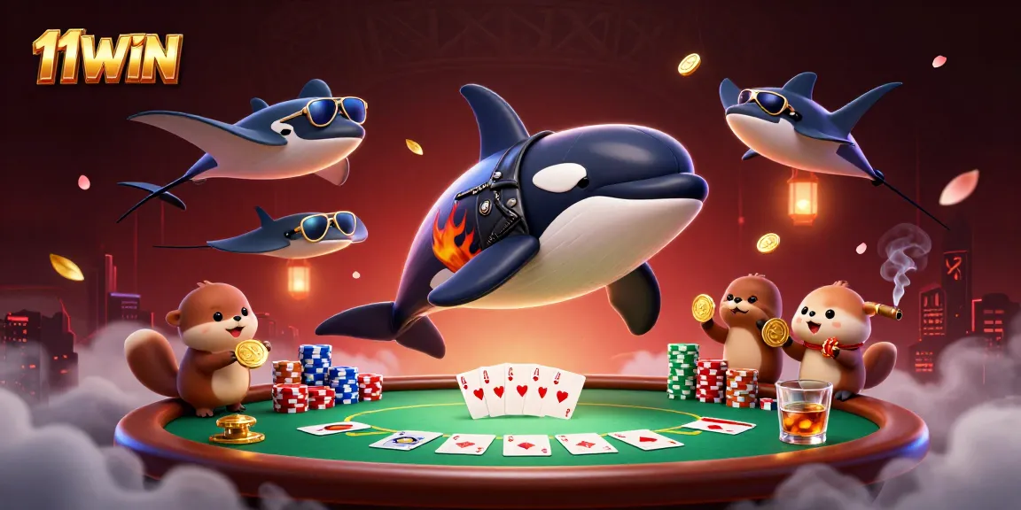 11WIN captures the excitement of casino gaming with orca and otter characters enjoying poker.