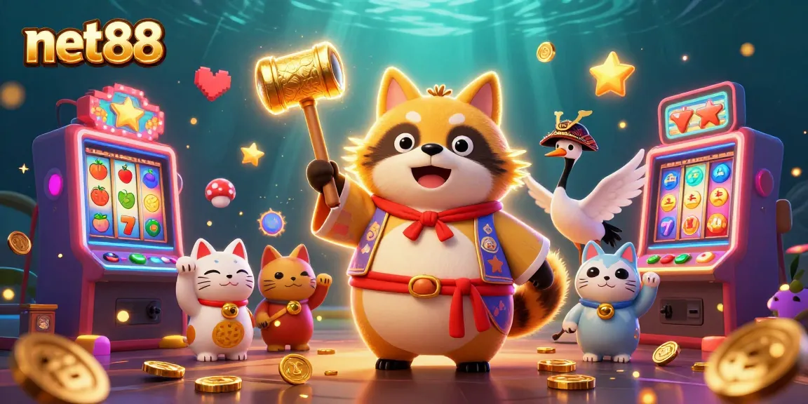 Spin the reels for luck with net88's vibrant slot-themed illustration featuring playful characters.