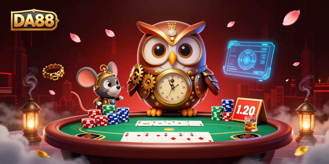 Engage in thrilling gameplay with DA88 amid colorful poker elements and vibrant casino ambiance.