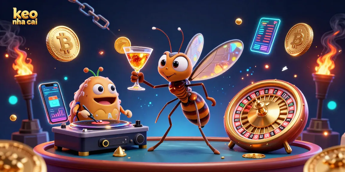 Engage with keo nha cai at a vibrant casino scene featuring a whimsical mascot, coins, and a dazzling roulette wheel.
