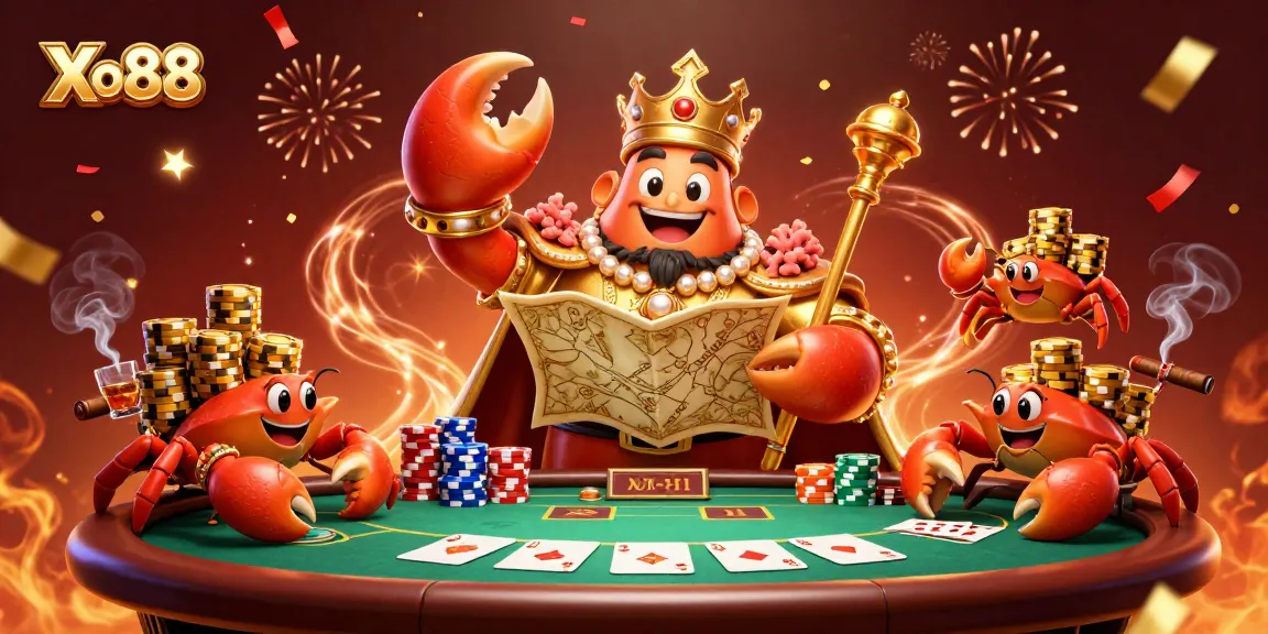 Xo88 invites gamblers to experience the vibrant casino atmosphere with a golden crab emperor and poker elements.