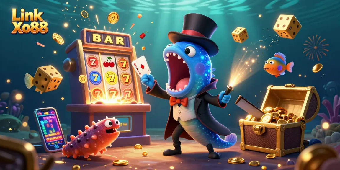 Link Xo88 showcases a vibrant underwater casino scene with animated marine characters engaged in thrilling gambling activities.