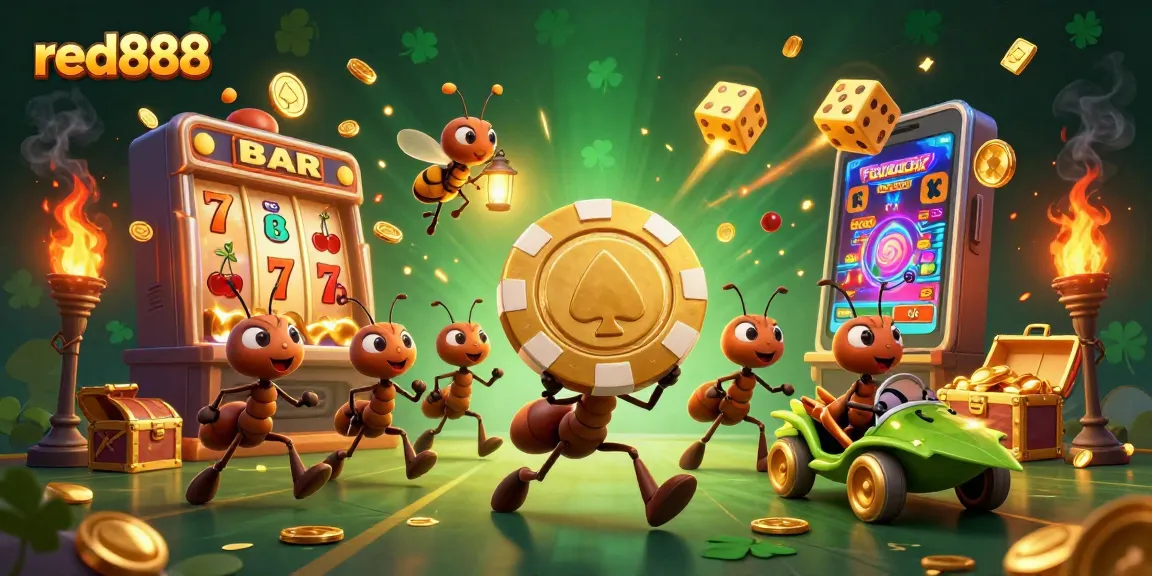 red888 team of ants heisting a golden poker chip in a vibrant casino scene