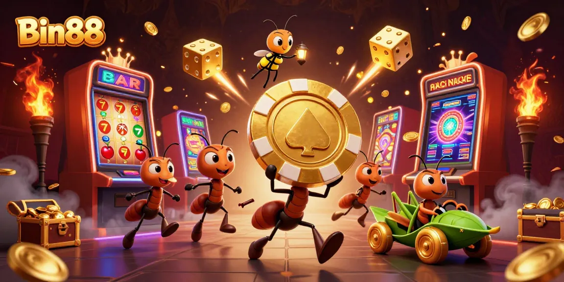 Bin88 heist illustration with ants, poker chips, and vibrant casino elements.