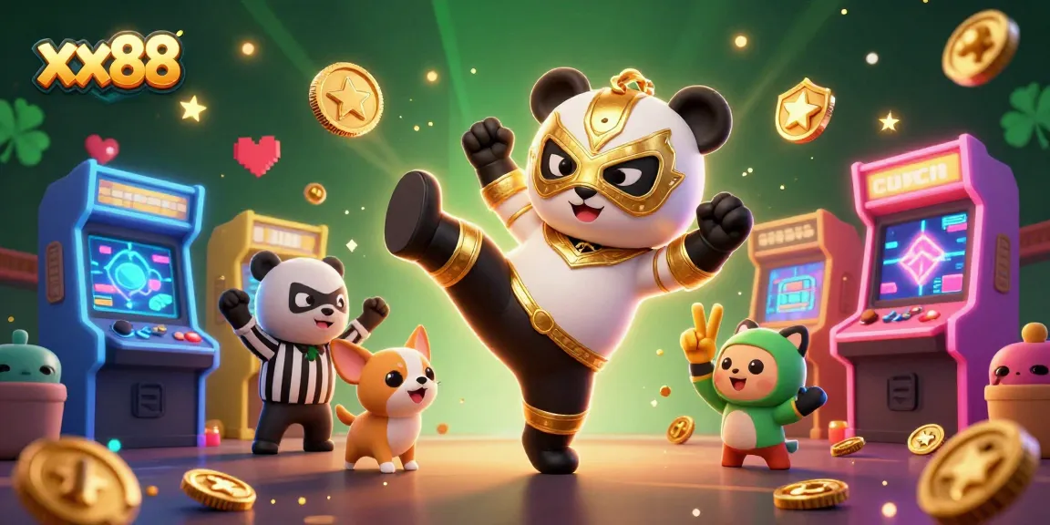 Engage with xx88's thrilling gaming experience featuring a panda wrestler amidst lively casino elements.