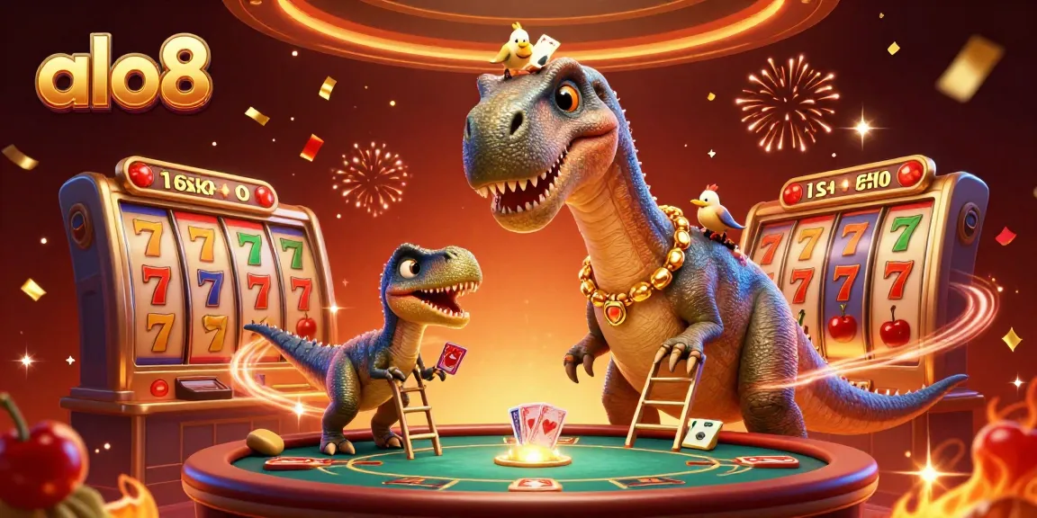 Engage with alo8's casino excitement featuring a whimsical 3D scene with a playful dinosaur and slot games.