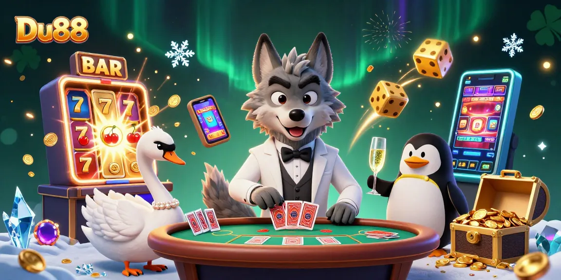 Experience the excitement of Du88 with a debonair wolf and elegant characters in a vibrant casino scene.
