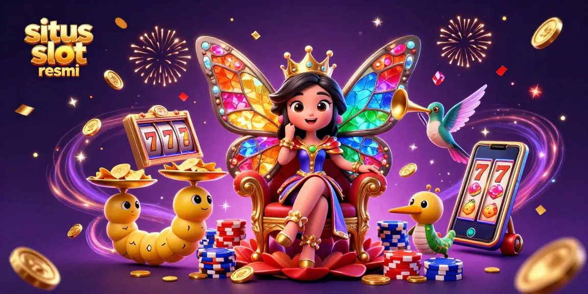 Experience the excitement of situs slot resmi with a vibrant 3D illustration of a whimsical casino scene.