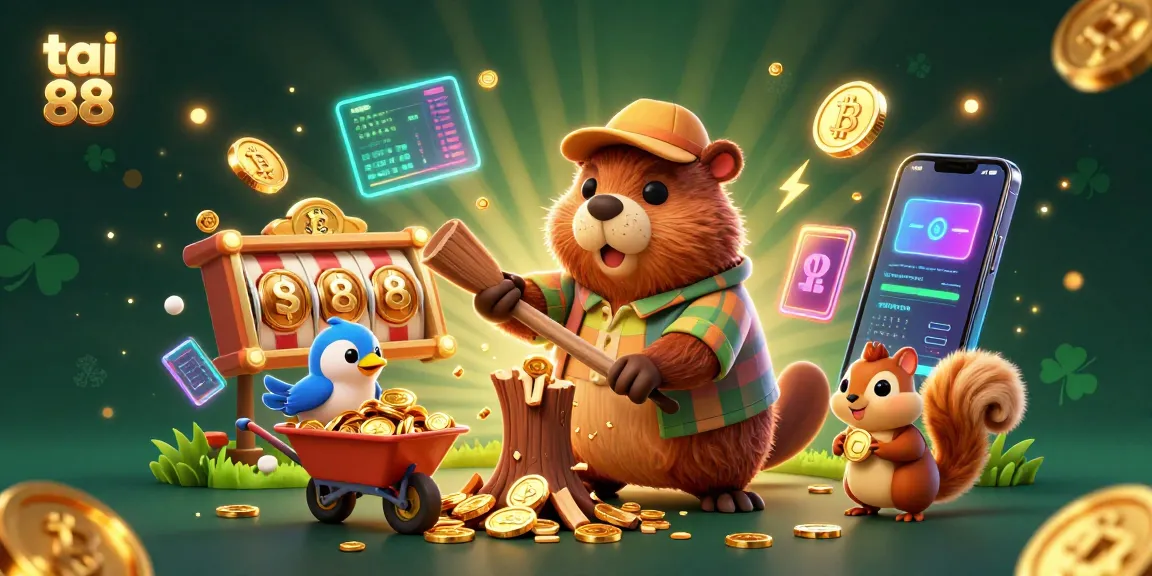 Experience the excitement of tai go 88 with golden coins raining down as the beaver chops trees in this vibrant casino illustration.