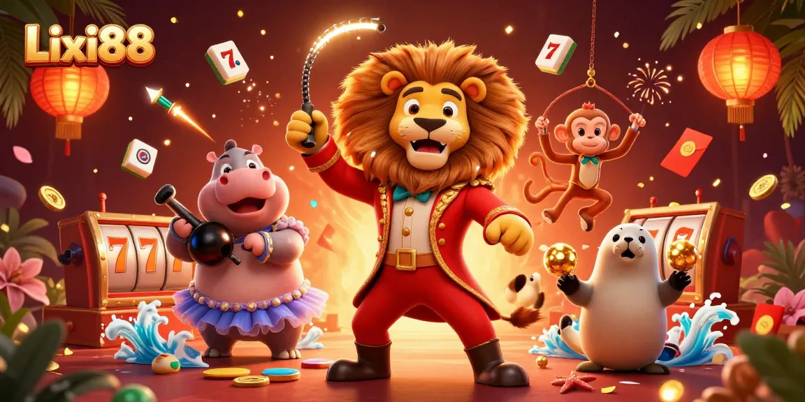 Lixi88 game illustration featuring a dynamic circus scene filled with luck and vibrant details.