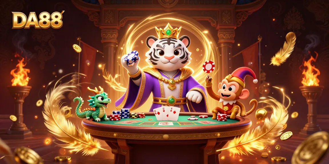 Engage with DA88 at the casino, depicted by a vibrant illustration with a tiger, monkey, and dragon.