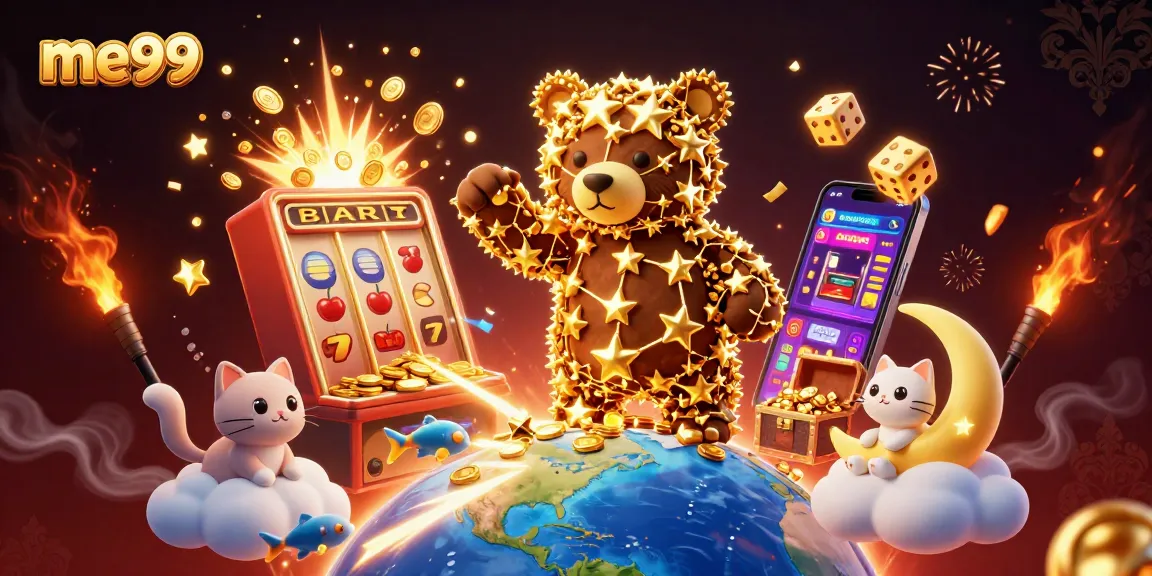 Experience me99 excitement with a constellation bear and jackpot symbols in this vibrant casino scene.